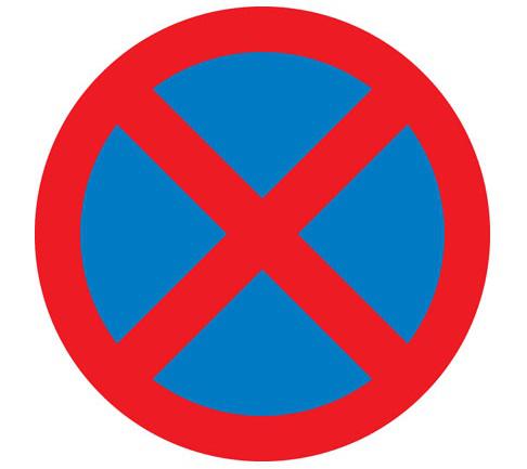  A red cross on blue background shows that the area is a clearway, and no stopping is permitted at any time