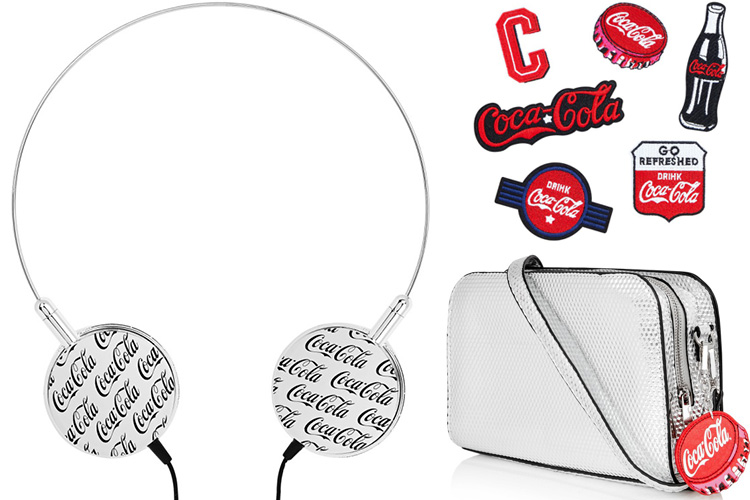  Silver bag, £36, with coke cap charm, £10, headphones, £30, and iron-on patches, £12 for a pack of three