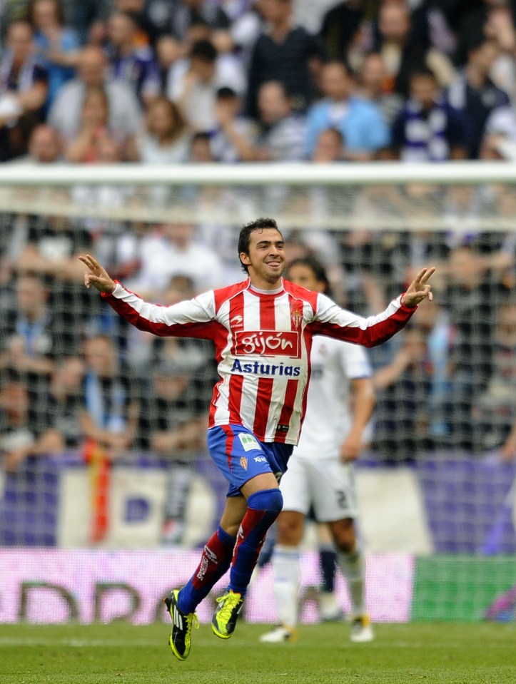  Miguel De Las Cuevas celebrates scoring Sporting Gijon winner at Bernabeu