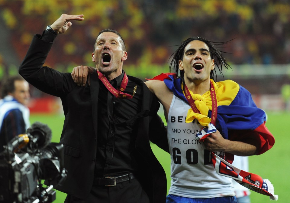  Radamel Falcao celebrates 2012 Europa League win with Diego Simeone