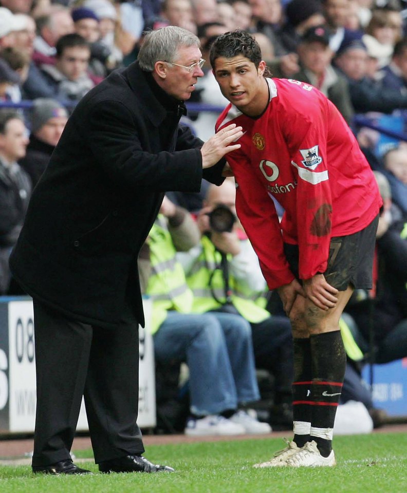 BOLTON, ENGLAND - APRIL 1: Sir Alex Ferguson of Manchester United talks to Cristiano Ronaldo during the Barclays Premiership match between Bolton Wanderers and Manchester United at the Reebok Stadium on April 1 2006 in Bolton, England. (Photo by John Peters/Manchester United via Getty Images)