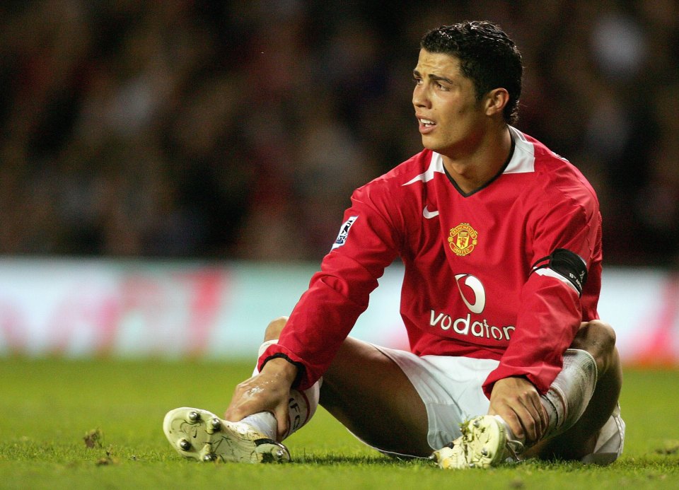 MANCHESTER, ENGLAND - APRIL 14: Cristiano Ronaldo of Manchester United shows his disappointment at a missed chance during the Barclays Premiership match between Manchester United and Sunderland at Old Trafford on April 14 2006 in Manchester, England. (Photo by John Peters/Manchester United via Getty Images)