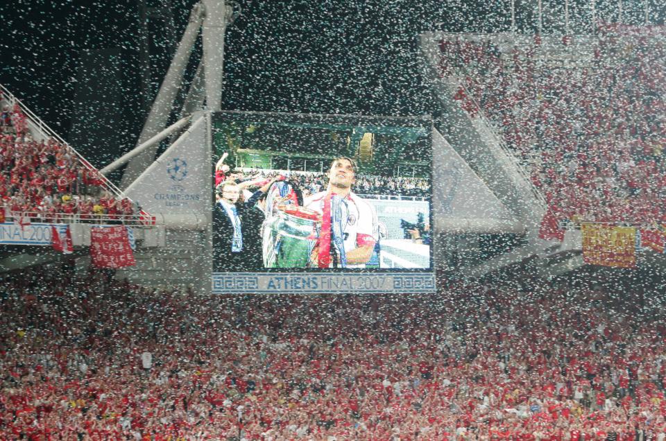 Athens, GREECE: AC Milan's defender Paolo Maldini is seen on a giant screen after winning the Champions League football match at the Olympic Stadium, in Athens, 23 May 2007. AC Milan won 2-1. AFP PHOTO / ARIS MESSINIS (Photo credit should read ARIS MESSINIS/AFP/Getty Images)