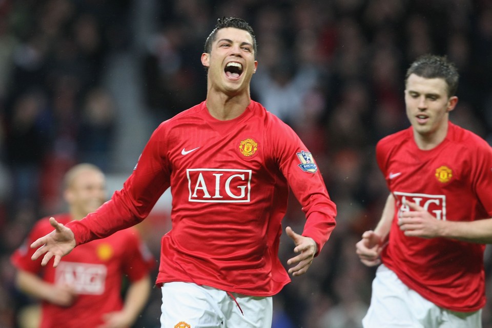 MANCHESTER, ENGLAND - MARCH 29: Cristiano Ronaldo of Manchester United celebrates scoring their first goal during the Barclays FA Premier League match between Manchester United and Aston Villa at Old Trafford on March 29 2008, in Manchester, England. (Photo by Matthew Peters/Manchester United via Getty Images)