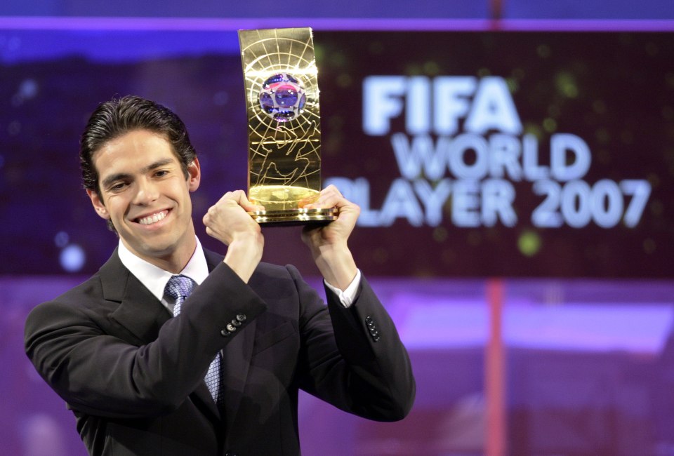 Brazil's football player Kaka holds the trophy of FIFA Player of the Year during the FIFA World Player Gala 2007 award ceremony 17 December 2007 in Zurich. AFP PHOTO / FABRICE COFFRINI (Photo credit should read FABRICE COFFRINI/AFP/Getty Images)