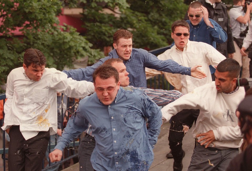  Five named suspects were pelted with eggs as they arrived at a public inquiry into the police handling of the case in 1998. They included Luke Knight, far left, Neil Acourt, centre in striped shirt, David Norris, centre back wearing a blue check shirt, and Jamie Acourt, second right wearing a white shirt