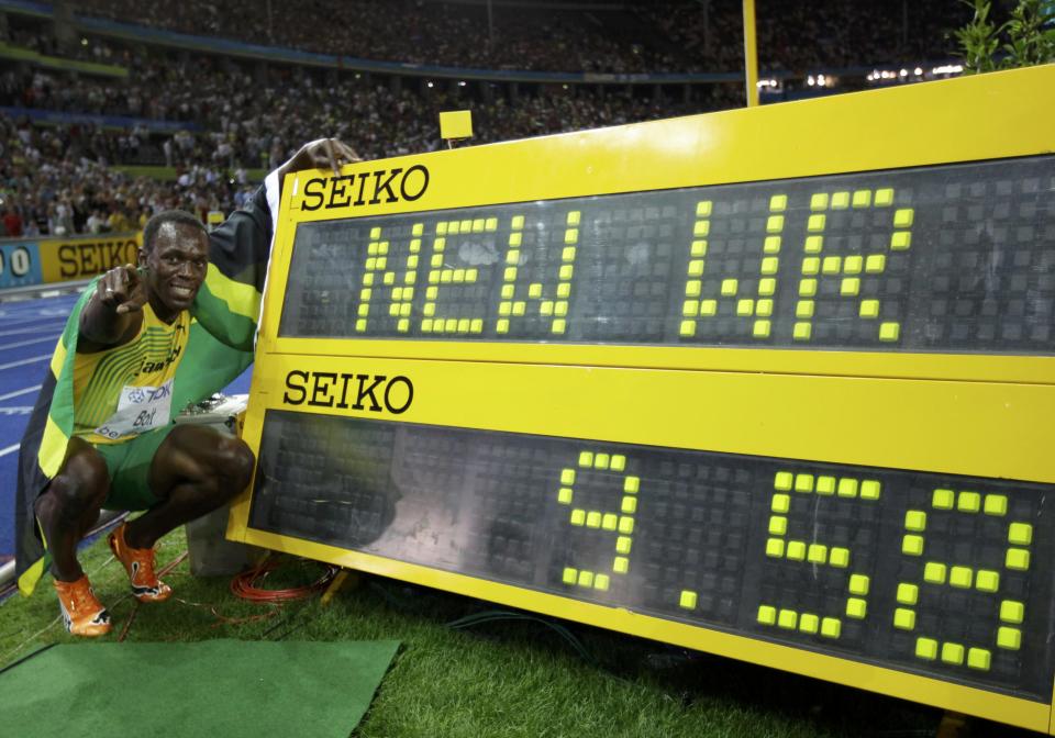  Bolt celebrating his current world record in 2009 in Berlin