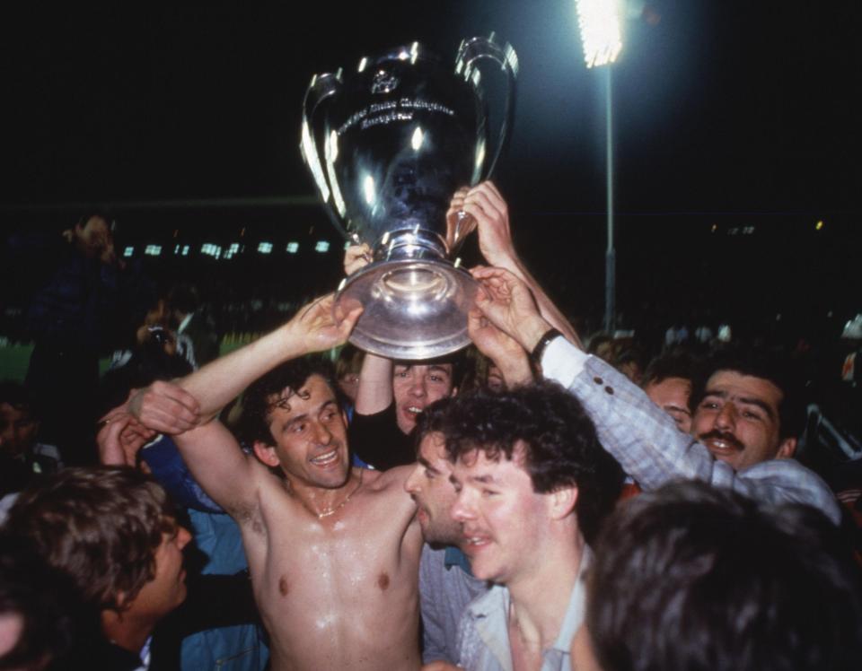  Michel Platini celebrates winning European Cup with Juventus in 1985