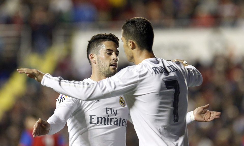  Isco celebrates with Cristiano Ronaldo after netting for Real Madrid