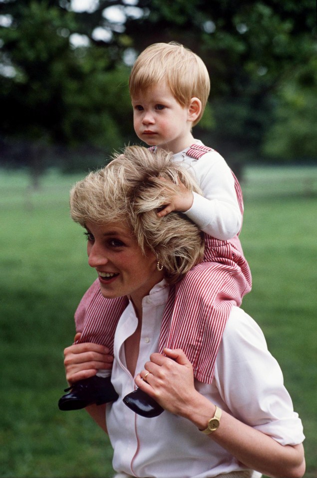 Princess Diana carries Prince Harry  on her shoulders At Highgrove