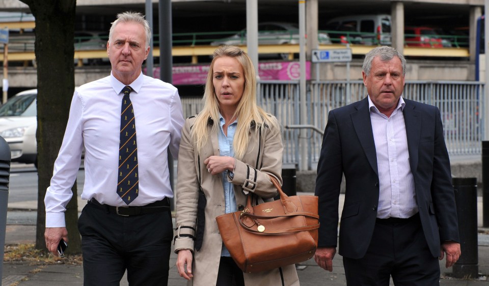  Charlotte pictured outside court with her dad Garry (left), who is the ex-husband of Sadie and Graham Cook, Sadie's brother (right)