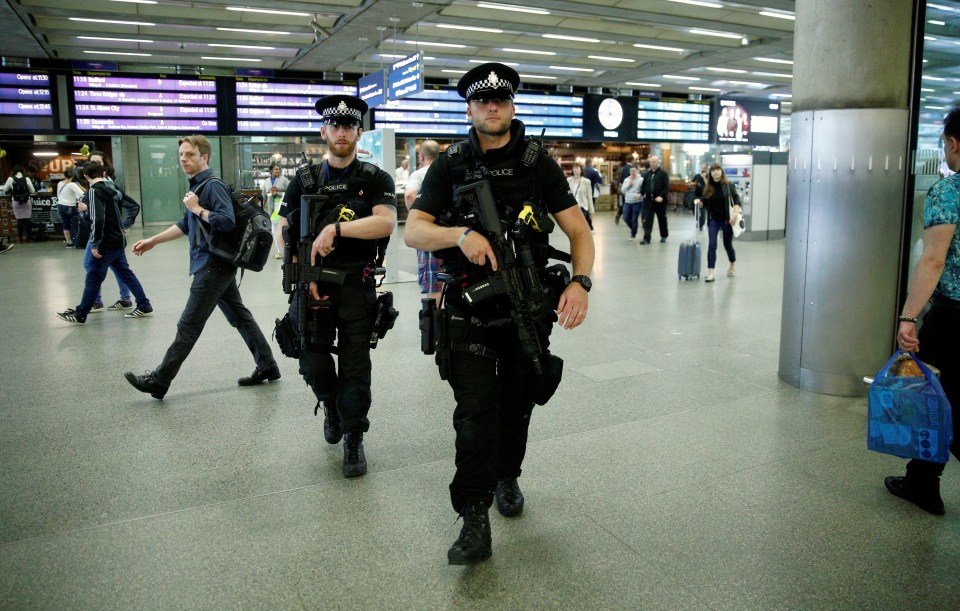  Officers were patrolling London's St Pancras station this afternoon after yesterday's brutal knife attack near the British Museum