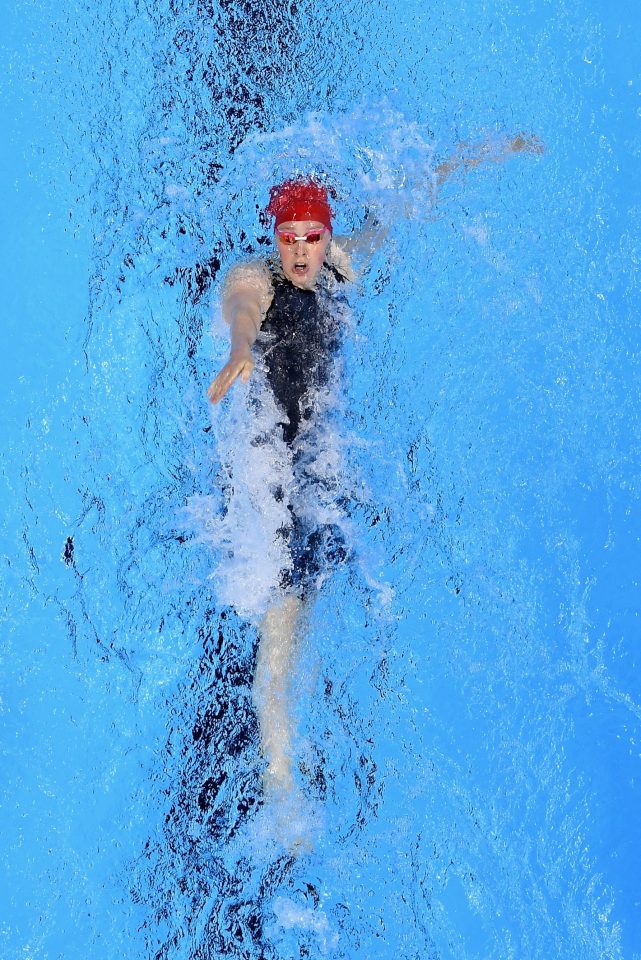  An aerial shot of Hannah Miley in the Aquatics Stadium