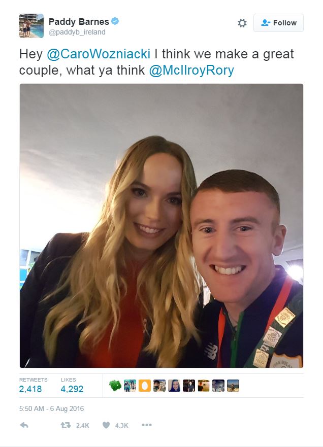  Paddy Barnes sent the cheeky tweet from Rio, where he and tennis star Wozniacki are competing