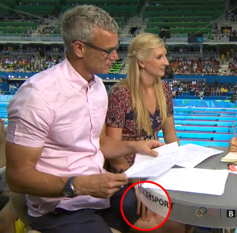  Rebecca Adlington took some of the heat off Helen, when she was caught with her hand on co-presenter Mark Foster's leg, speaking rumours of a romance