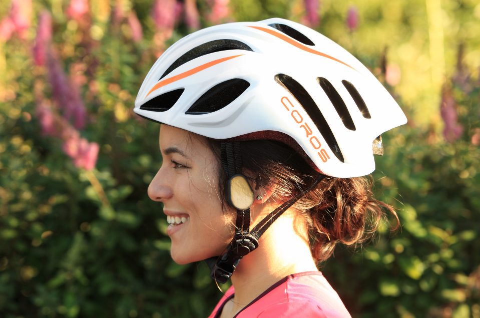  Wireless headset hands from the helmet and straps to wearer’s cheek or jawbone