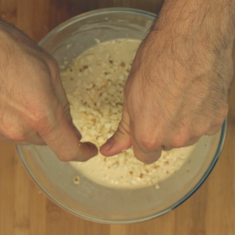 Crumble the popcorn into the batter mix