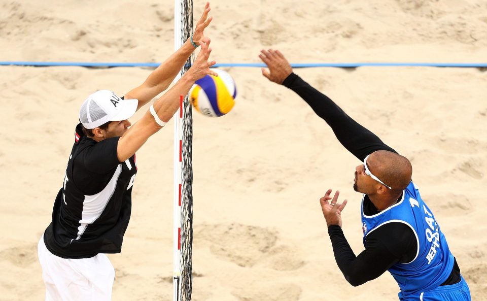  Athletes compete in the men's Preliminary Pool F match on Day 5 of the Rio 2016 Olympic Games at the Beach Volleyball Arena