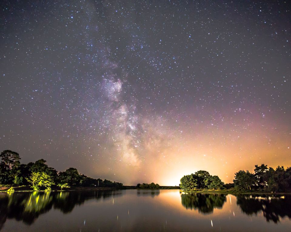  Milky Way and Perseid meteor shower over Hatchet Pond, Brockenhurst, Hampshire