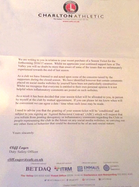  The letter informs the fan he will need to sign an Agreed Behaviour Contract as a condition in order to receive his ticket