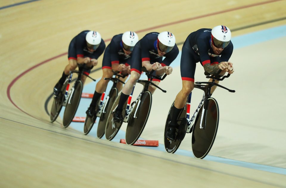  The Fab Four... Edward Clancy, Steven Burke, Owain Doull and Bradley Wiggins on their way to gold in team pursuit final