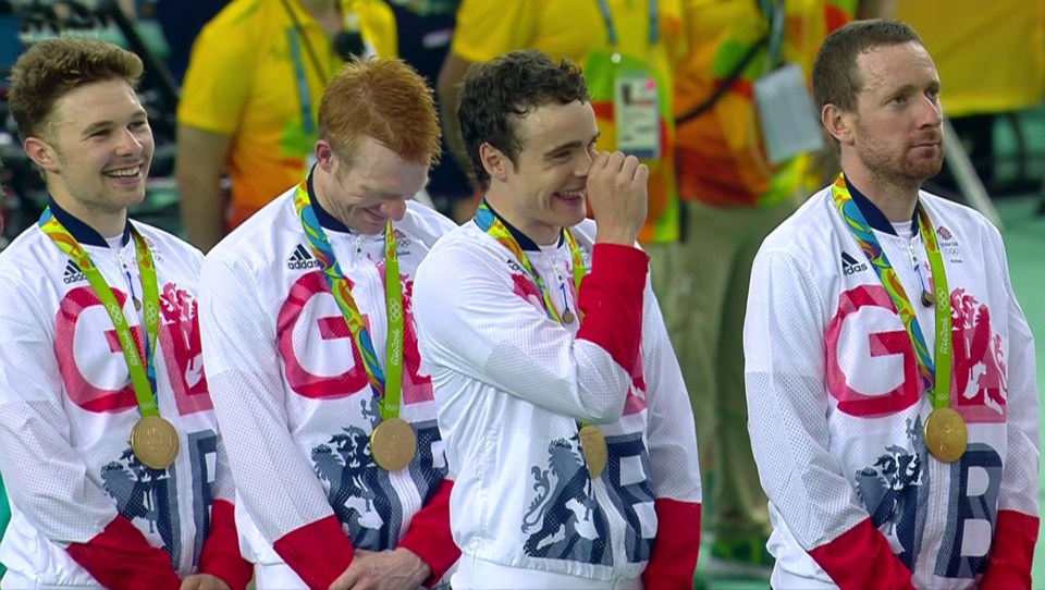  The 36-year-old had his team pursuit pals in stitches as they stood to sing the national anthem