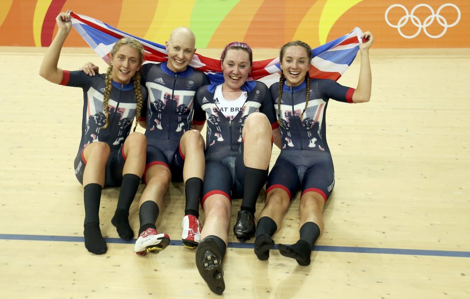  The quartet celebrate sat on the track after bagging gold in Rio