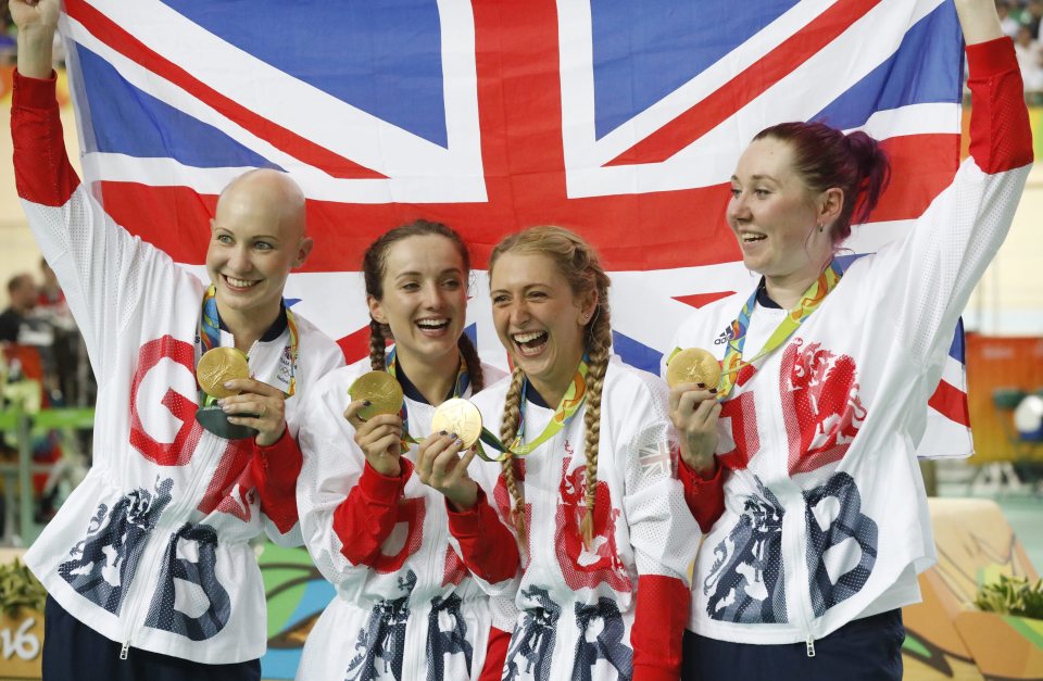  Team effort . . . (from left) Joanna Rowsell Shand, Elinor Barker, Laura Trott and Katie Archibald celebrate trackside