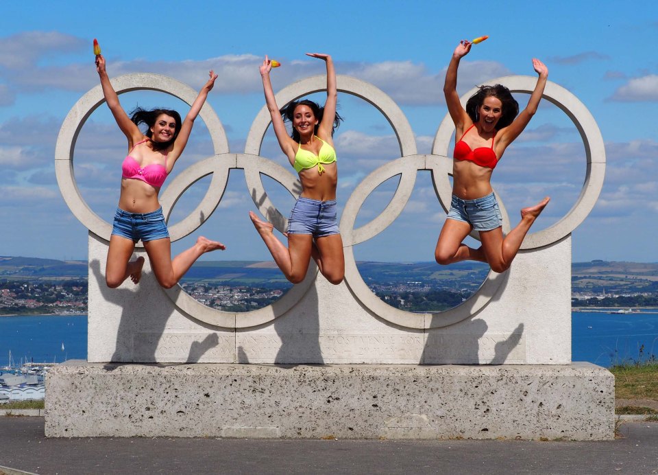  Women in bikinis celebrate the summer and the Olympics ind Dorset