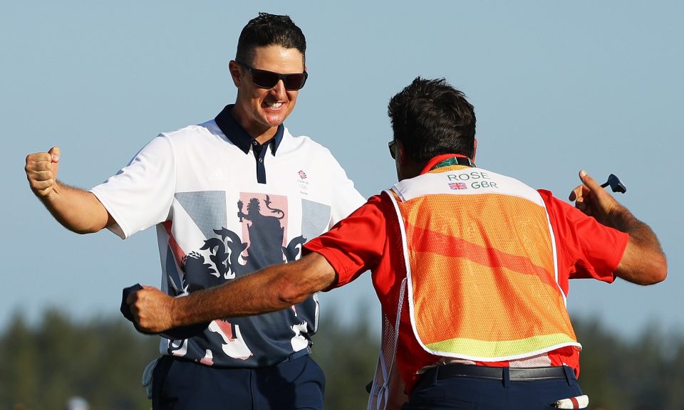  Rose shares the joy of victory in Rio with his caddie Mark Fulcher