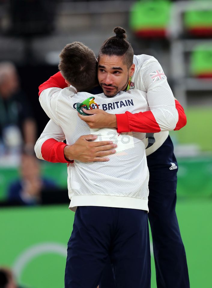  Max Whitlock and Louis Smith hug after securing first and second place in Rio