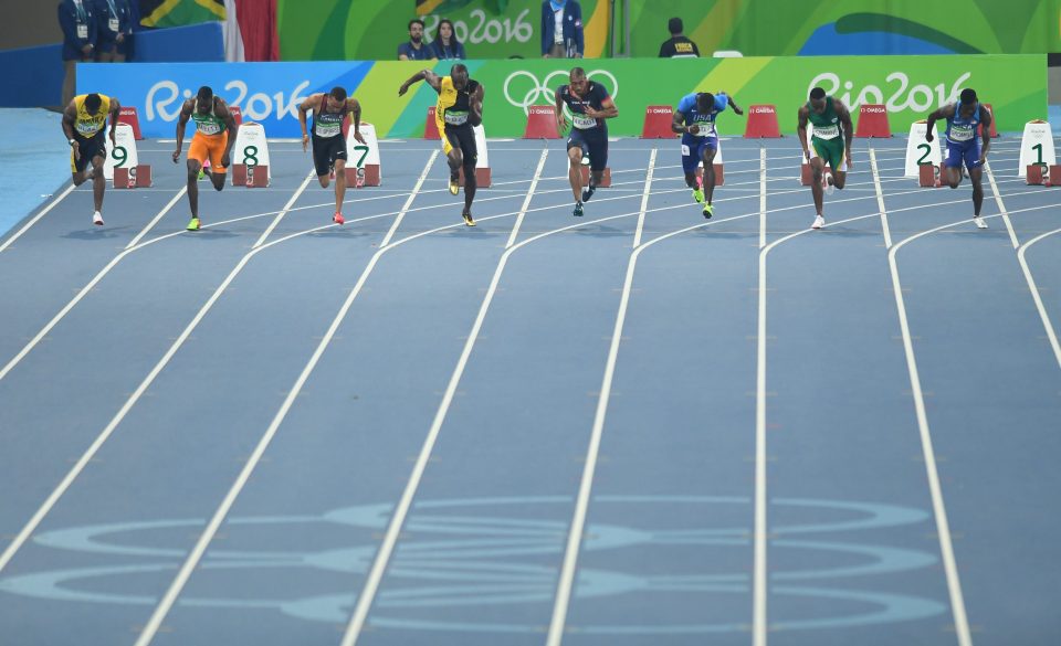  Usain Bolt and his rivals get out of the blocks and get moving down the track in the mens 100 metres final