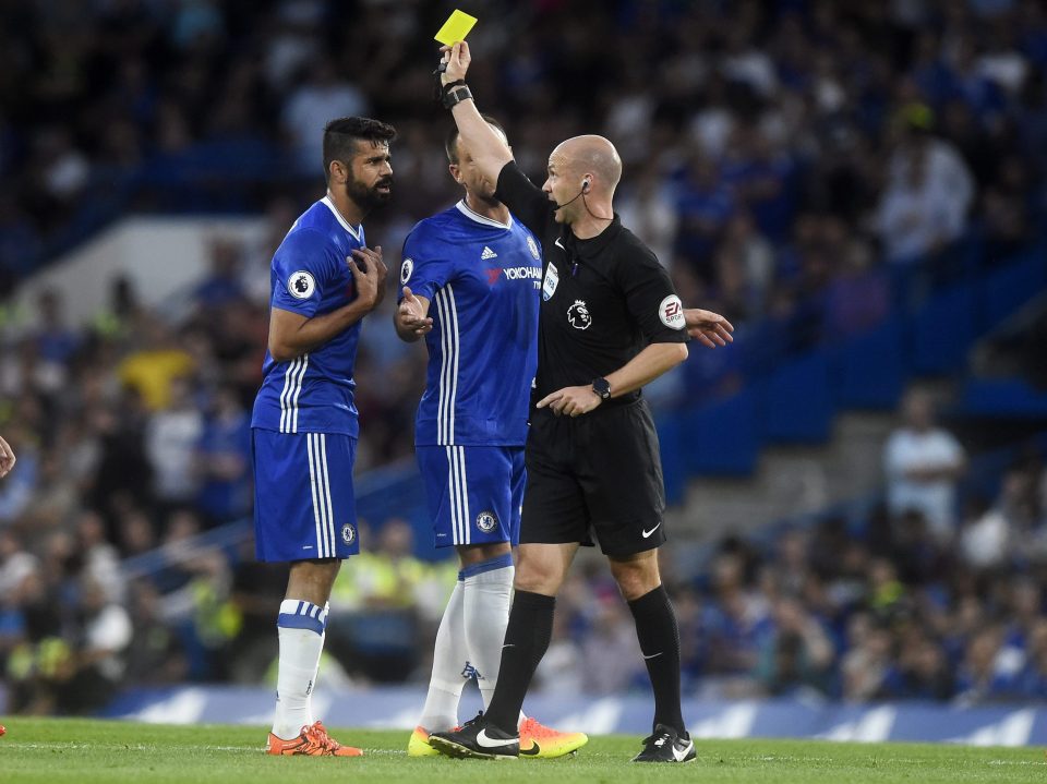  Chelsea star Diego Costa is booked for dissent by referee Anthony Taylor