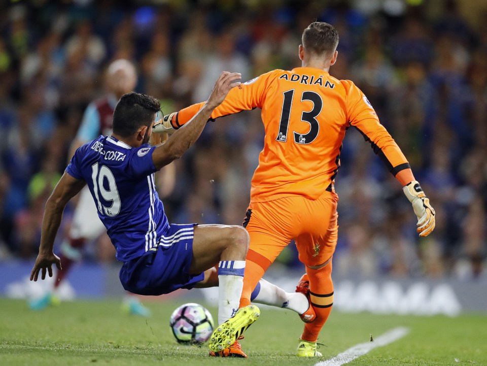  Diego Costa escaped a red card after a lunge on West Ham goalkeeper Adrian