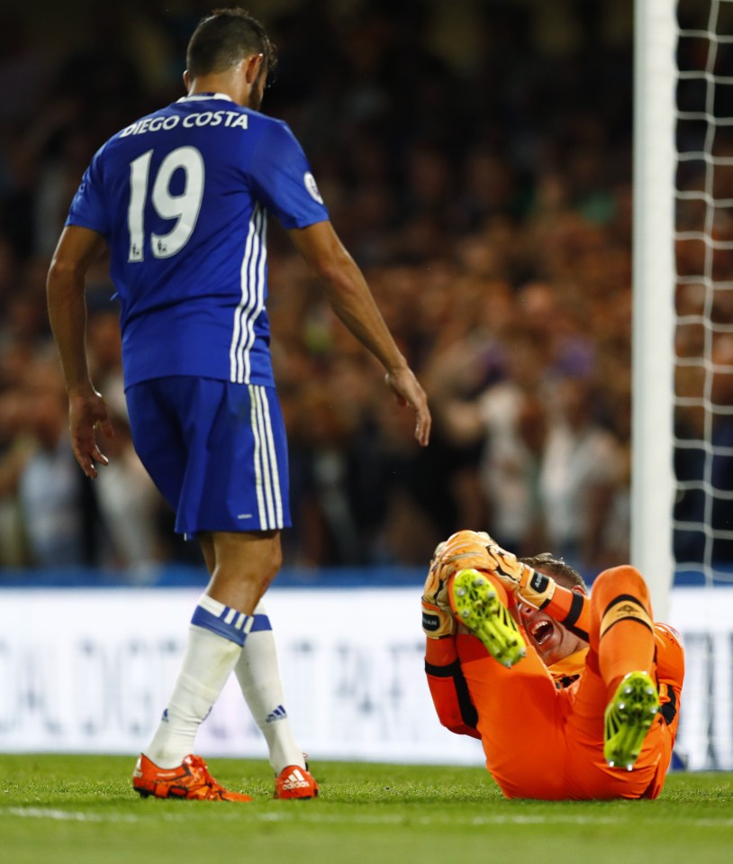  The West Ham goalkeeper was in pain after the high tackle from Costa