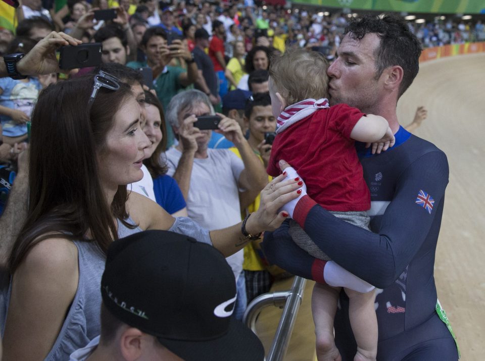  Cav celebrates with his family after winning silver at the velodrome