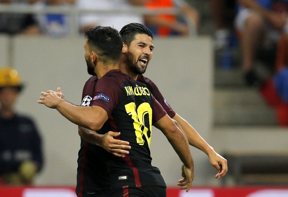  Nolito and Sergio Aguero had plenty to celebrate in Romania with four of teh five goals scored between them