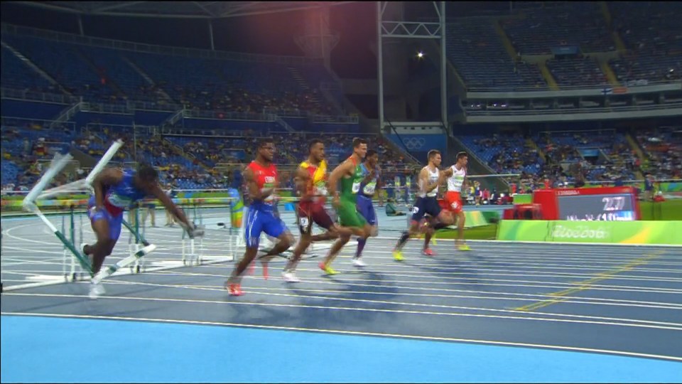  Jeffrey Julmis (left) suffered an embarrassing fall in the 110m hurdles