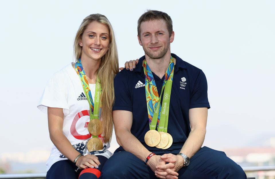  Cycling's golden couple Laura Trott and Jason Kenny pose with their combined medals