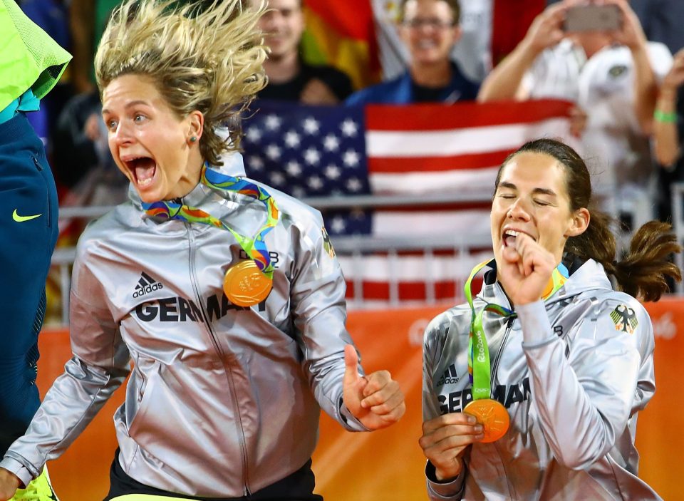  Laura Ludwig and Kira Walkenhorst of Germany celebrate on Copacabana Beach