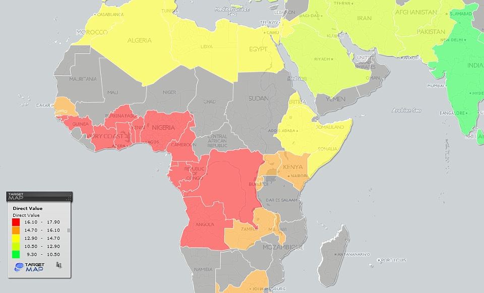  The red shows that African men size up the best while Indian men have the smallest members.