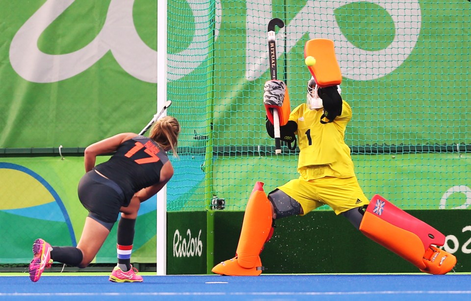  Maartje Paumen sees her early penalty foiled by GB keeper Maddie Hinch