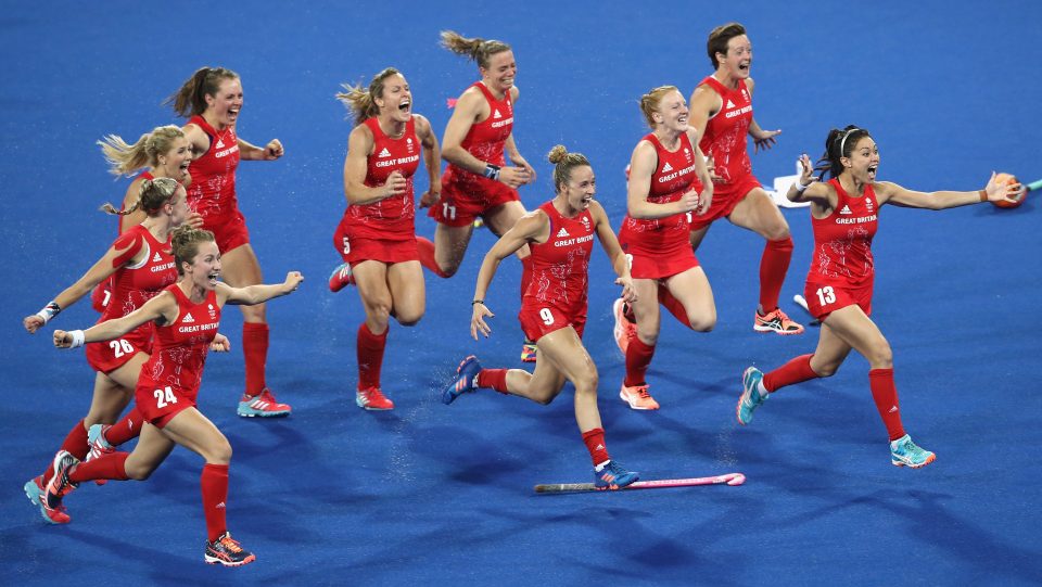  The Team GB players enjoy their gold rush after sealing shootout victory