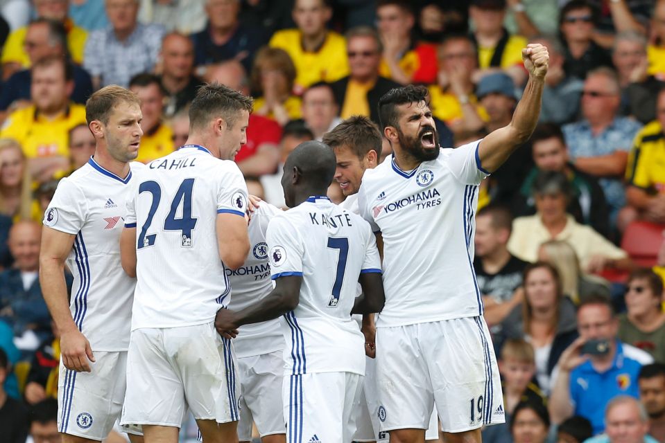  Costa celebrates with his team-mates after what turned out to be the winner