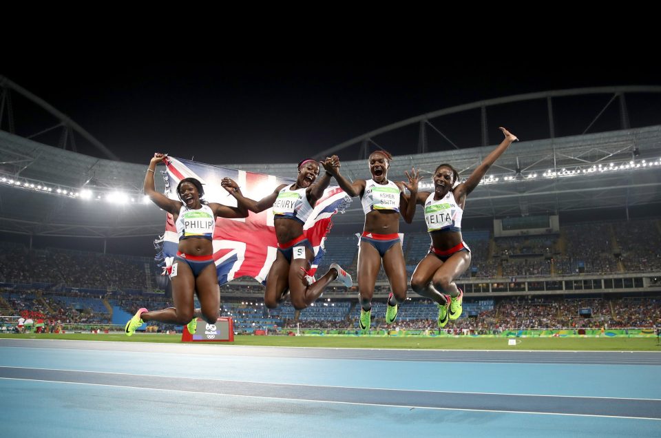  Jumping for joy . . . Team GB bronze medal-winning relay runners celebrate success in the athletics