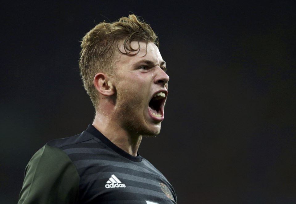  Max Meyer of Germany celebrates scoring the equaliser against Brazil at the Olymoics