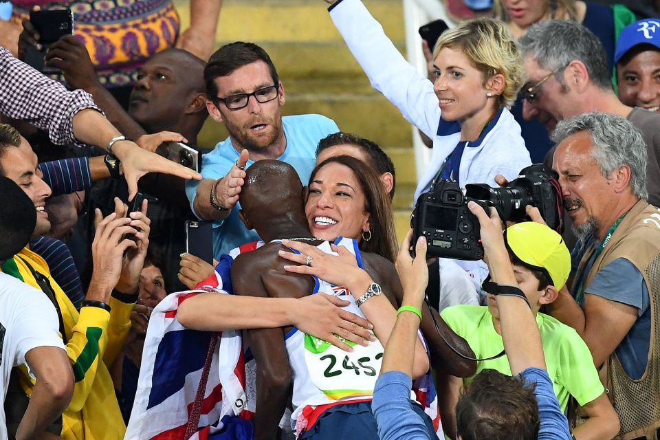  Mo Farah celebrates with his wife Tania and their kids after taking his fourth Olympic gold medal