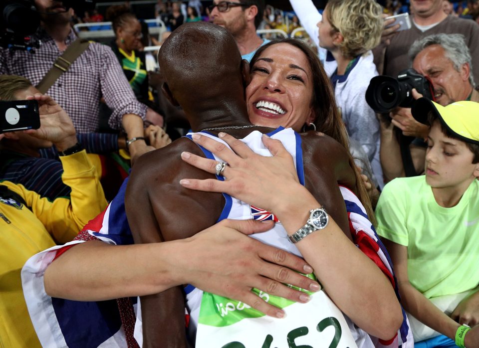  Mo Farah gets a hug from his wife Tania after winning the 5,000 metres at the Olympics in Rio