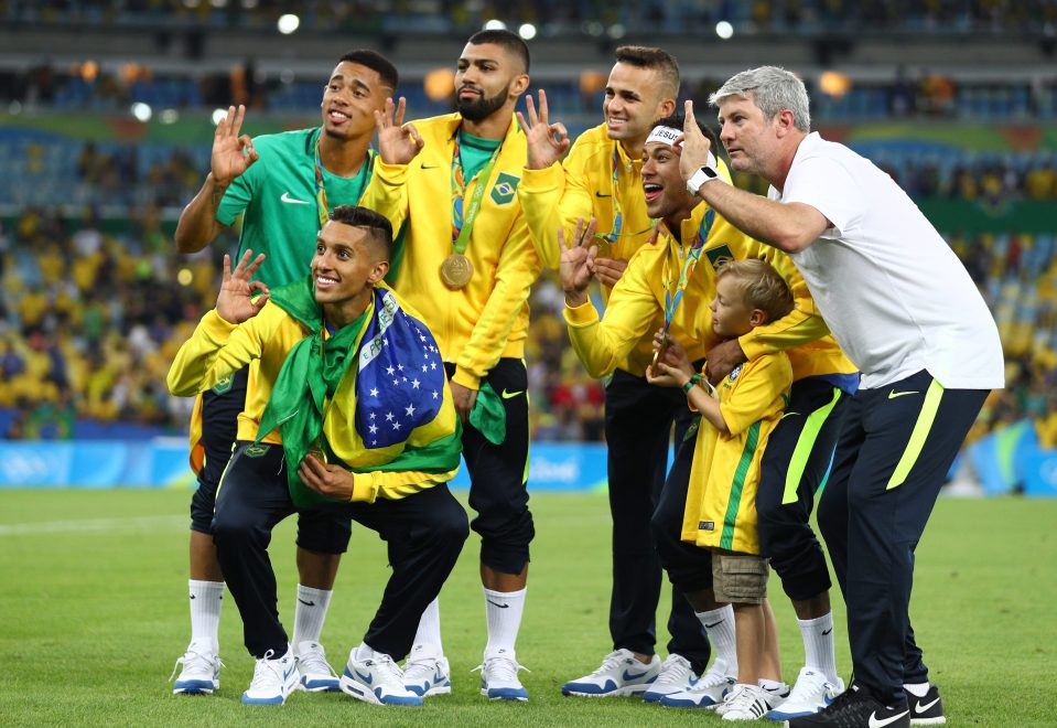  Marquinhos, Neymar, Luan Gabriel Jesus and Gabriel Barbosa celebrate Brazil gold