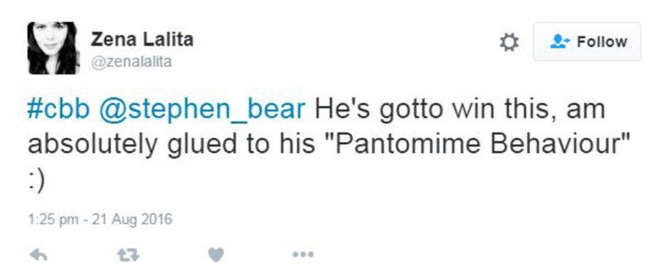  Another viewer was loving Bear's 'pantomime behaviour'